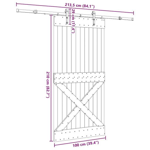 Tömör fenyőfa tolóajtó fémszerelékszettel 100 x 210 cm