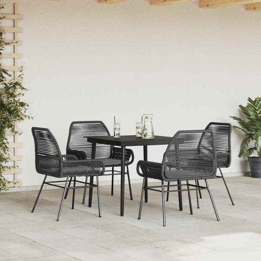 5 részes fekete polyrattan üveg kerti étkezőgarnitúra párnákkal