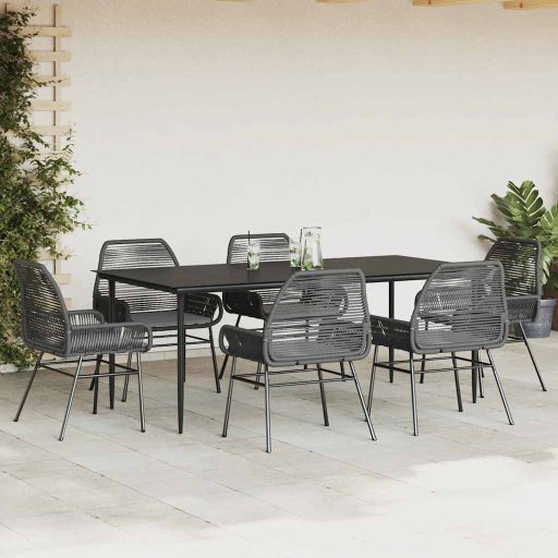 7 részes fekete polyrattan üveg kerti étkezőgarnitúra párnákkal