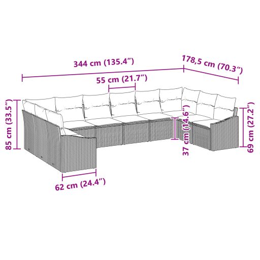 10 darabos kerti kanapé készlet párnákkal, világosszürke, poli rattan