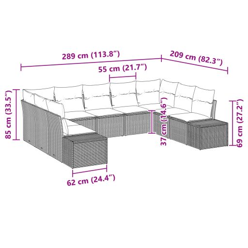 9-Darabos Kerti Kanapé Szett Párnákkal Bézs Poli Rattan