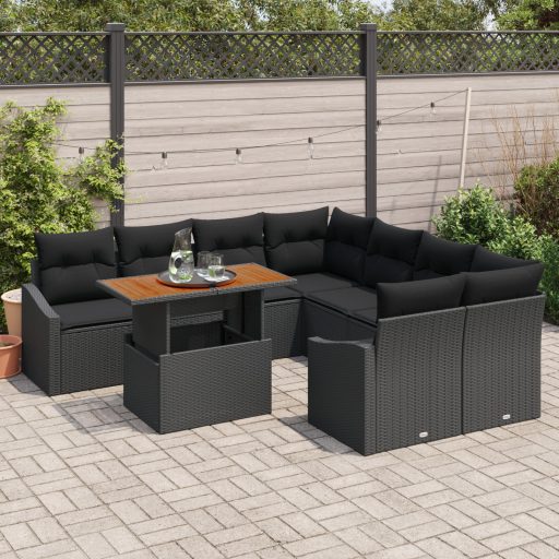 9 részes kertibútor szett párnákkal – Fekete poli rattan és akác