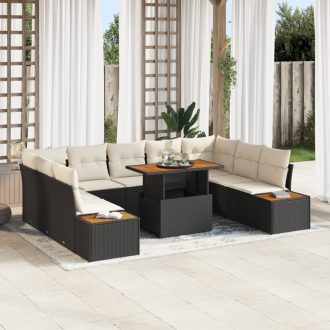   10 darabos kert étkező szett párnákkal fekete poly rattan akáciából
