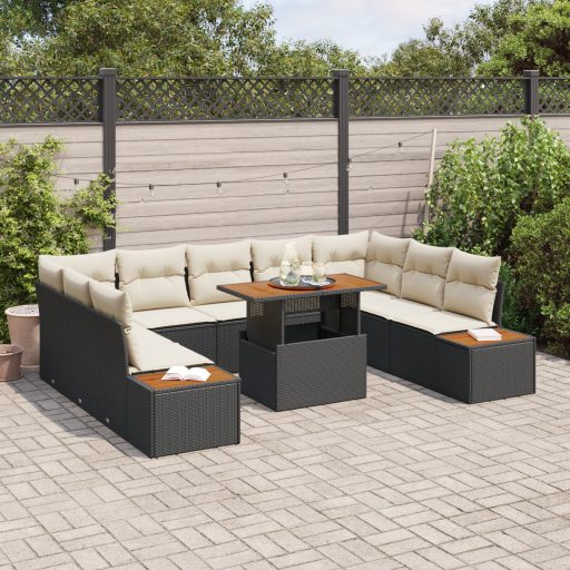 10 darabos kert étkező szett párnákkal fekete poly rattan akáciából