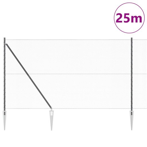 Hatszögű kerítés szürke 1.6x25 m acél,  Cölöpök cölöp rögzítővel 13 db Ø32 mm 180 cm horganyzott acél