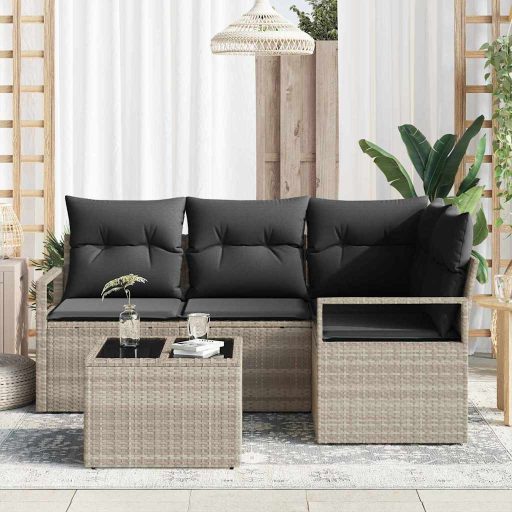 5 részes Kerti Kanapé Szett Párnákkal, Szürke Polyrattan