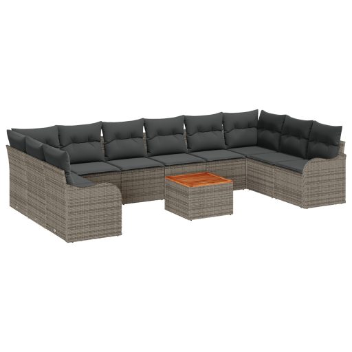 10 Darabos Kert Sofa Szett Párnákkal Szürke Poli Rattan Akácia