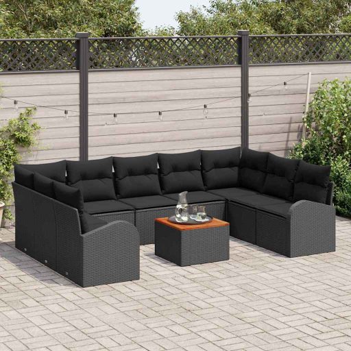 Kerti kanapé szett 10 pcs Fekete Nagy Rattan, Fa, Szövet