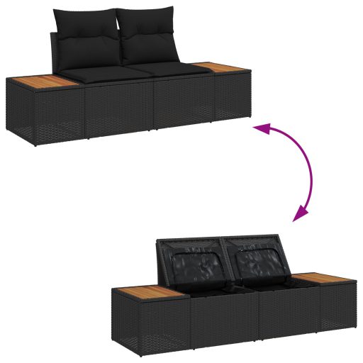 9 Részes Kertiszófa Szett Párnákkal Fekete Poli Rattan Akác