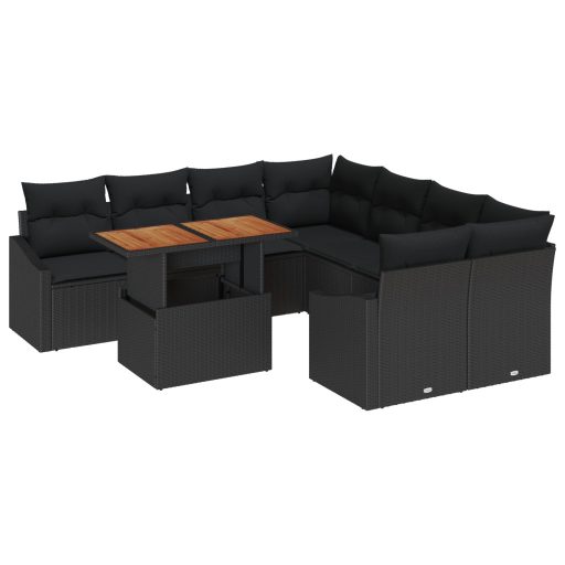 9 részes kertkanapé szett párnákkal, fekete poly rattan