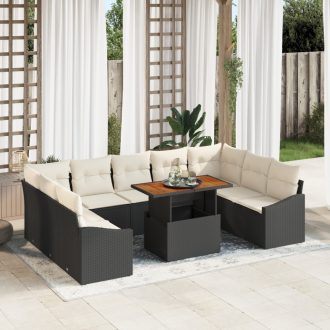 10 Darabos Kert Sofa Készlet Párnákkal Fekete Poli Rattan