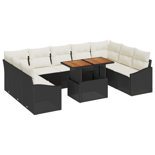 10 Darabos Kert Sofa Készlet Párnákkal Fekete Poli Rattan