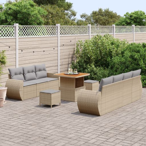 10 Darabos Kert Sofa Szett Párnákkal Bézs Műrattan Akácia
