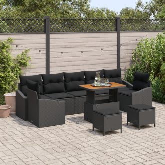   10 Darabos Kert Sofa Szett Párnákkal Fekete Poli Rattan Akácia