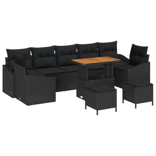 10 Darabos Kert Sofa Szett Párnákkal Fekete Poli Rattan Akácia