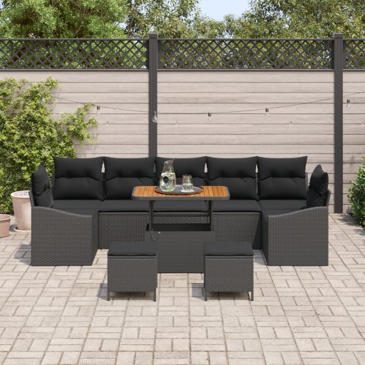 10 Darabos Kert Sofa Szett Párnákkal Fekete Poli Rattan Akácia