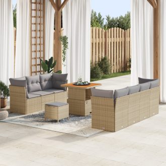   10 Darabos Kert Sofa Szett Párnákkal Bézs Poli Rattan Akác