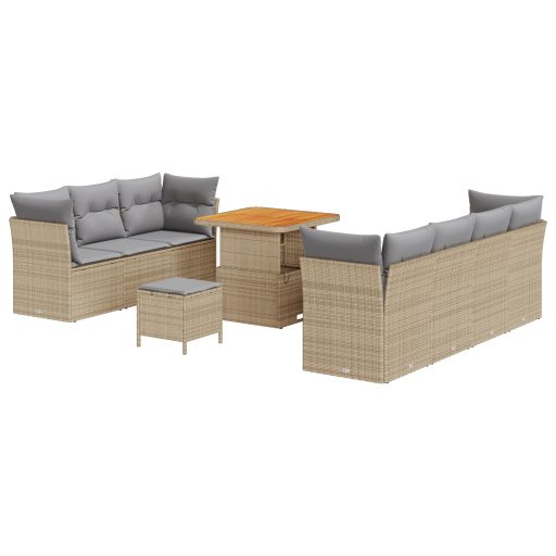 10 Darabos Kert Sofa Szett Párnákkal Bézs Poli Rattan Akác