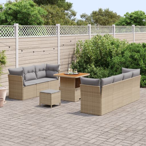 10 Darabos Kert Sofa Szett Párnákkal Bézs Poli Rattan Akác