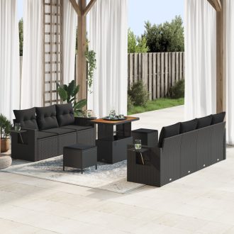   10 darabos Kert Sofa Szett Párnákkal Fekete Poli Rattan Akácia