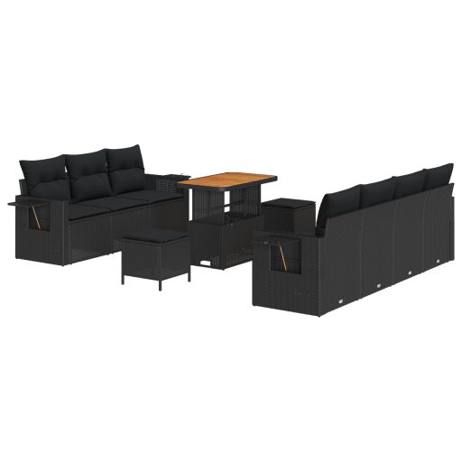 10 darabos Kert Sofa Szett Párnákkal Fekete Poli Rattan Akácia