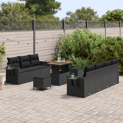10 darabos Kert Sofa Szett Párnákkal Fekete Poli Rattan Akácia