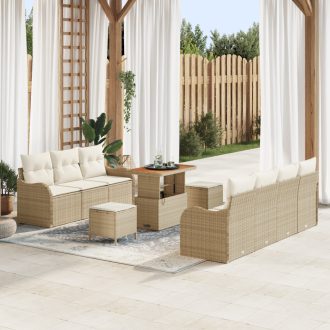   10 Darabos Kert Sofa Szett Párnákkal Bézs Poli Rattan Akácia