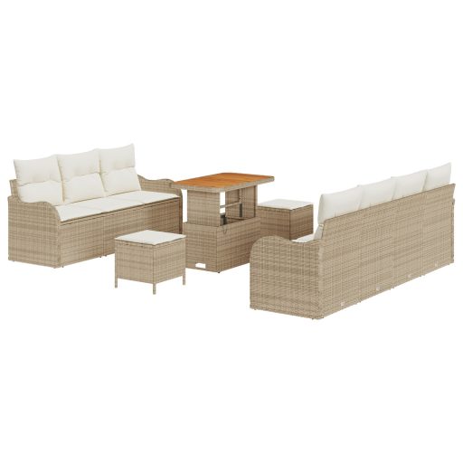 10 Darabos Kert Sofa Szett Párnákkal Bézs Poli Rattan Akácia