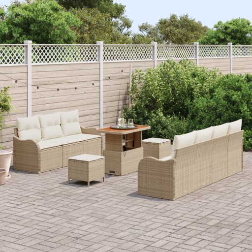 10 Darabos Kert Sofa Szett Párnákkal Bézs Poli Rattan Akácia