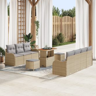   10 darabos kerti kanapé párnákkal Bézs Poly Rattan Akáciából