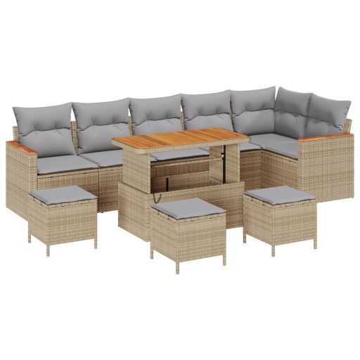 10 darabos Kert Sofa Szett Párnákkal Bézs Poli Rattan Akác
