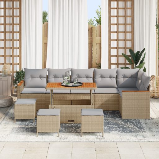 10 darabos Kert Sofa Szett Párnákkal Bézs Poli Rattan Akác
