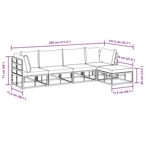 Kerti Kanapé Szett 5 pcs Fekete 283 x 141.5 x 71 cm Alumínium