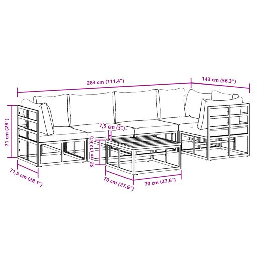 Kerti Kanapé Szett 6 pcs Fekete 70 x 70 x 32 cm Alumínium