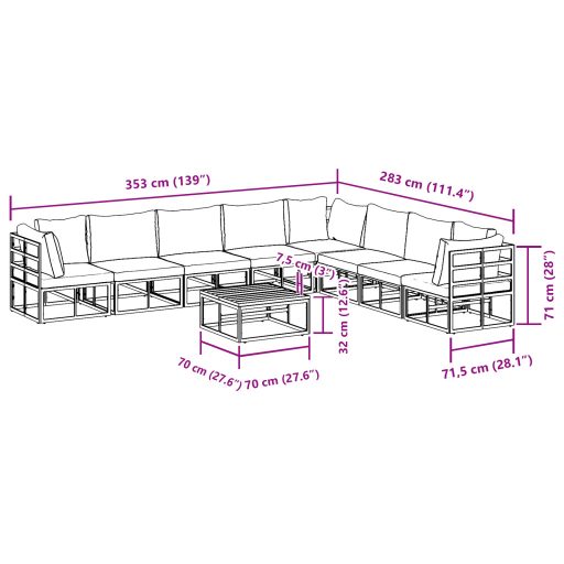 Kerti Kanapé Szett 9 pcs Fekete 70 x 70 x 32 cm Alumínium