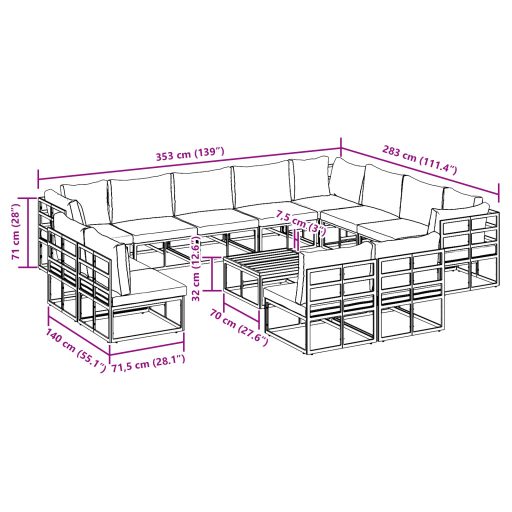 Kerti Kanapé Szett 13 pcs Fekete 70 x 70 x 32 cm Alumínium