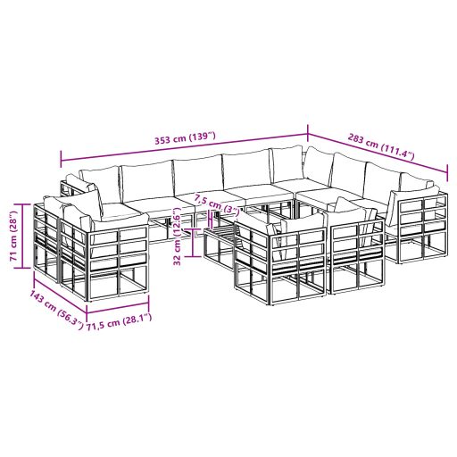 Kerti Kanapé Szett 13 pcs Fekete 70 x 70 x 32 cm Alumínium