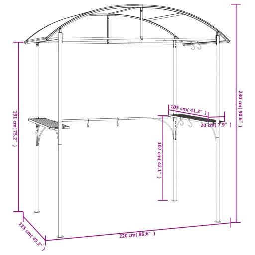 Antracit acél grillező pavilon oldalsó polcokkal 220x115x230 cm