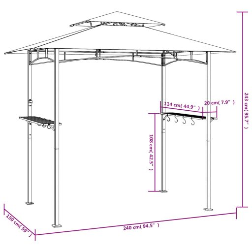 Antracit acél grillező pavilon oldalsó polcokkal 240x150x243 cm