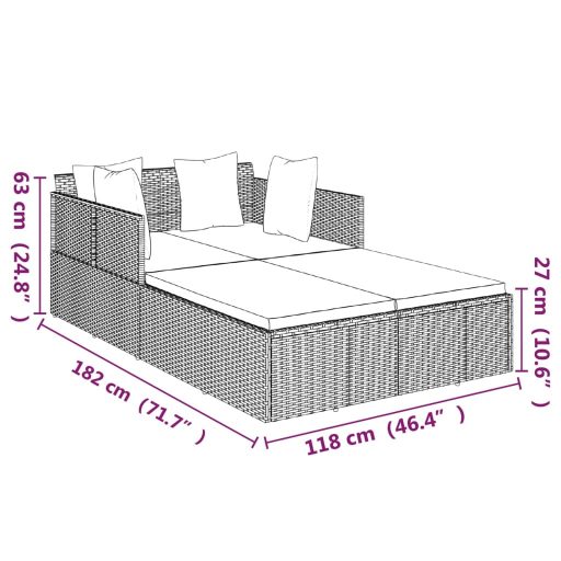 Szürke polyrattan napozóágy párnával 182 x 118 x 63 cm