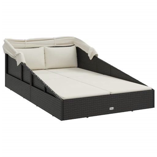 Fekete polyrattan napágy összecsukható tetővel 200x114x128 cm