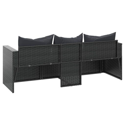 Fekete 3 személyes polyrattan kerti kanapé párnákkal