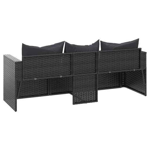 Fekete 3 személyes polyrattan kerti kanapé párnákkal