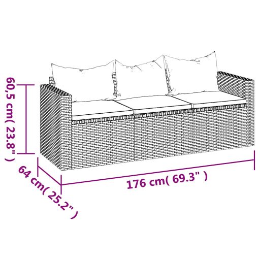 Fekete 3 személyes polyrattan kerti kanapé párnákkal