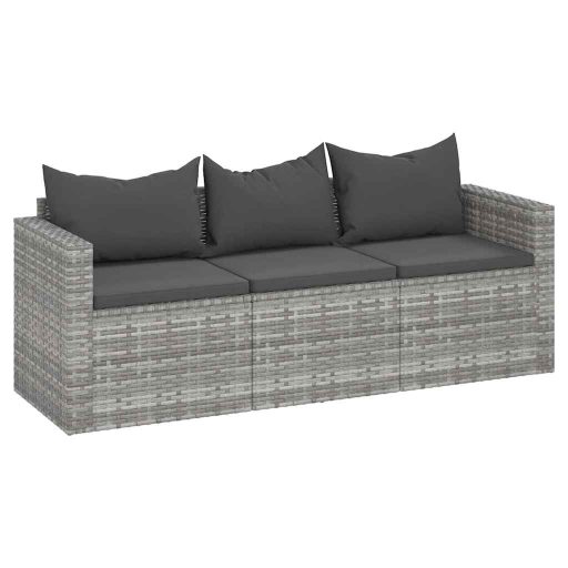 3 személyes szürke polyrattan kerti kanapé párnával