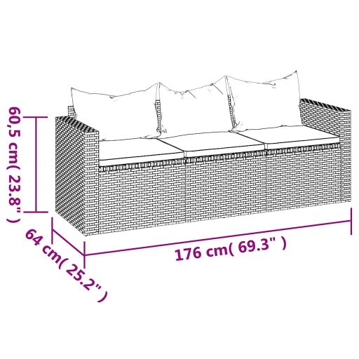 3 személyes szürke polyrattan kerti kanapé párnával