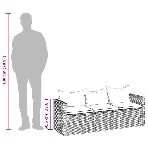 3 személyes szürke polyrattan kerti kanapé párnával
