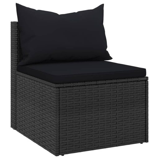 2 db fekete polyrattan kerti középső kanapé párnákkal