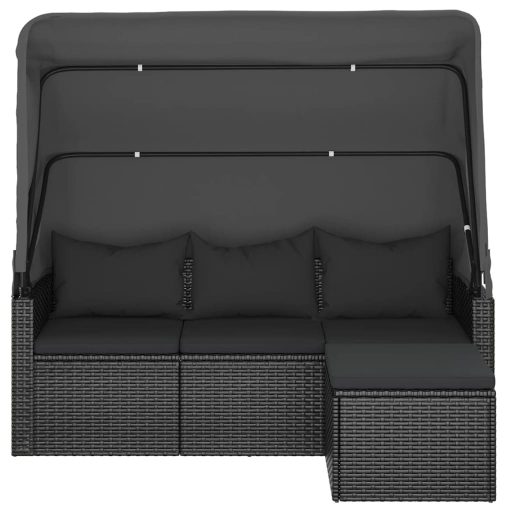 3-személyes fekete polyrattan kanapé tetővel és lábtartóval