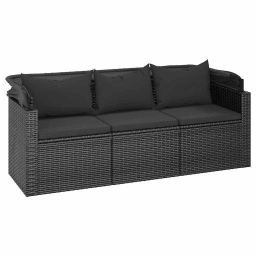 3-személyes fekete polyrattan kanapé tetővel és lábtartóval